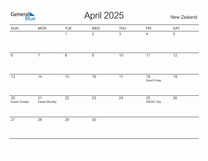 Printable April 2025 Calendar for New Zealand