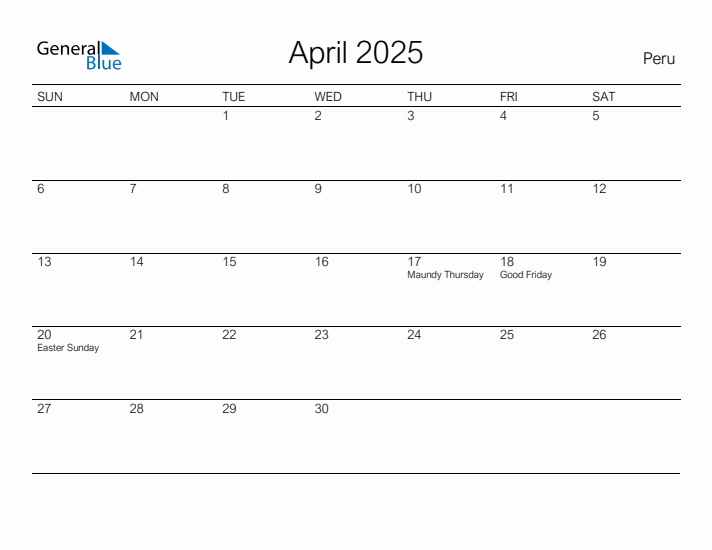 Printable April 2025 Calendar for Peru