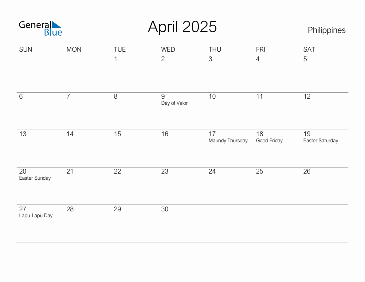 Printable April 2025 Monthly Calendar with Holidays for Philippines