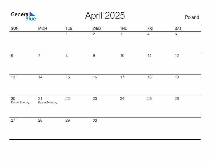 Printable April 2025 Calendar for Poland