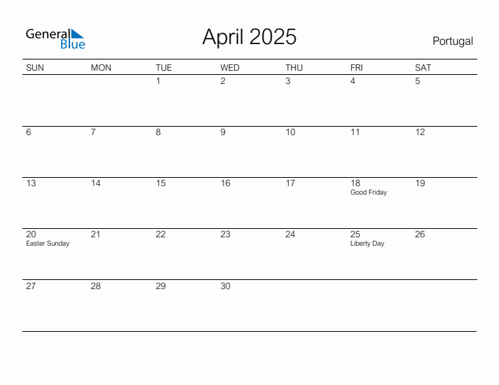 Printable April 2025 Calendar for Portugal