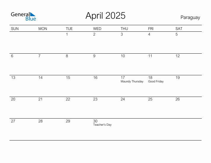 Printable April 2025 Calendar for Paraguay