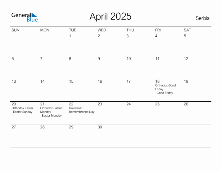 Printable April 2025 Calendar for Serbia