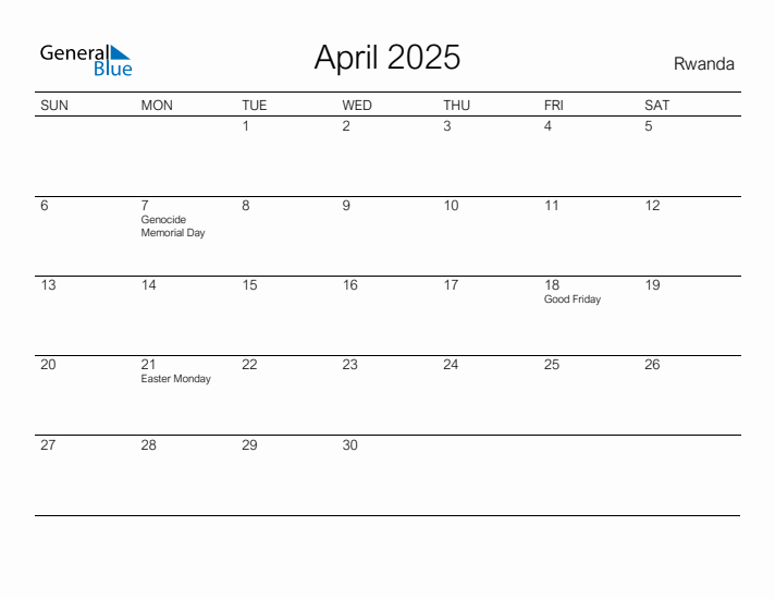 Printable April 2025 Calendar for Rwanda