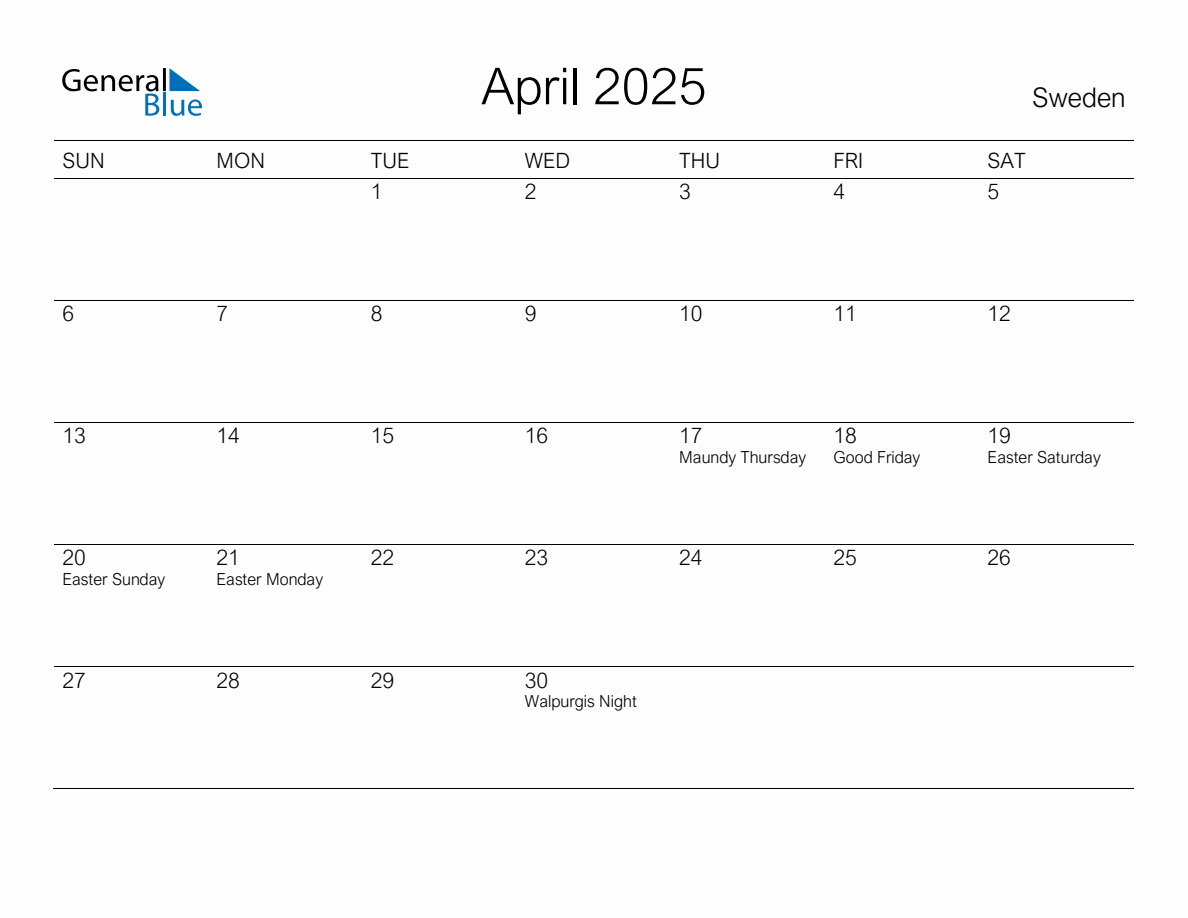 Printable April 2025 Monthly Calendar with Holidays for Sweden