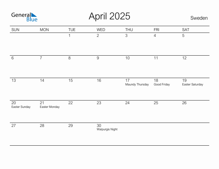 Printable April 2025 Calendar for Sweden