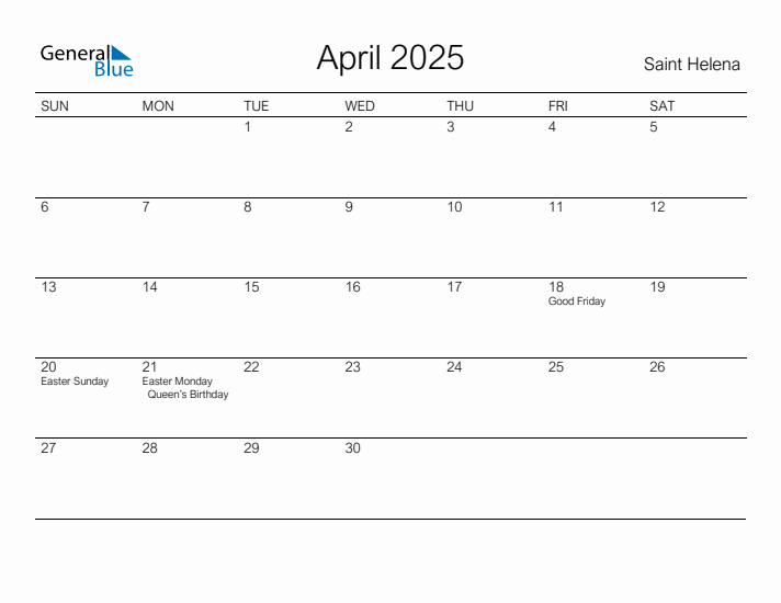 Printable April 2025 Monthly Calendar with Holidays for Saint Helena