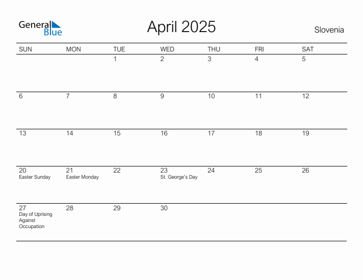 Printable April 2025 Calendar for Slovenia