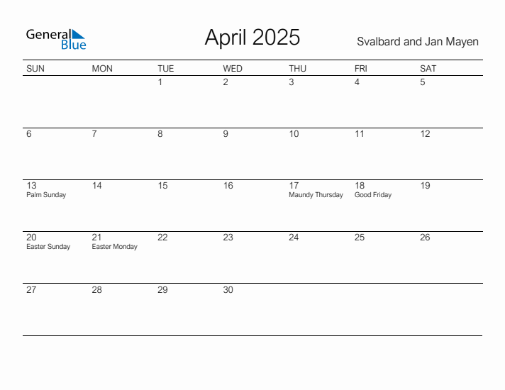 Printable April 2025 Calendar for Svalbard and Jan Mayen