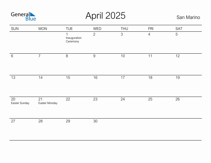 Printable April 2025 Calendar for San Marino