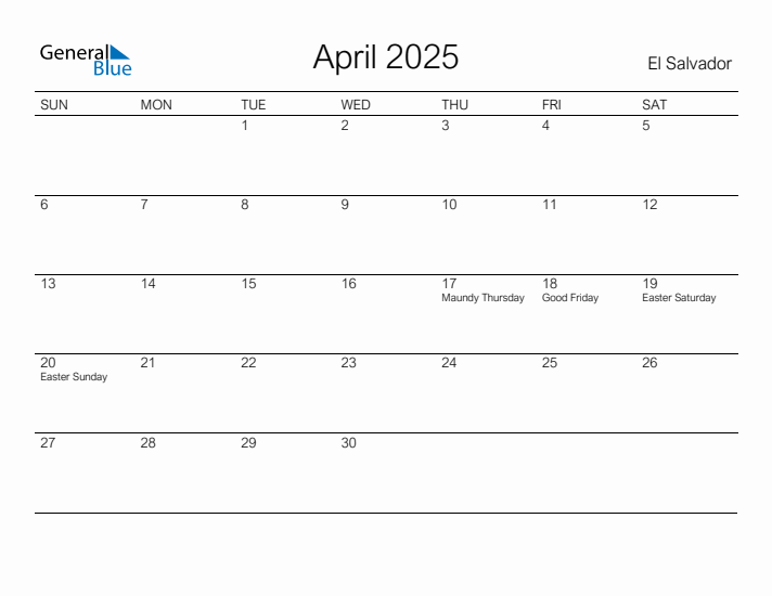 Printable April 2025 Calendar for El Salvador