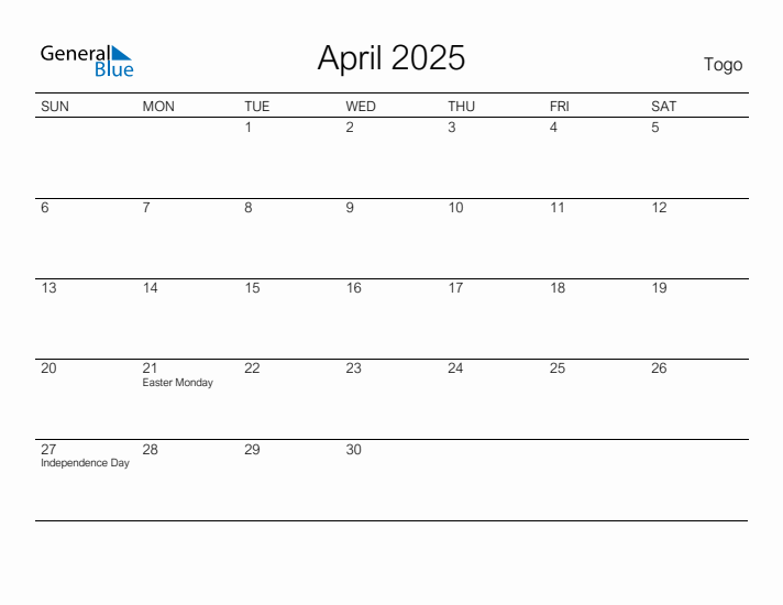 Printable April 2025 Calendar for Togo
