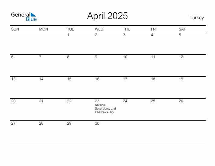 Printable April 2025 Calendar for Turkey
