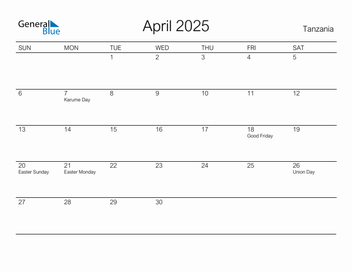 Printable April 2025 Calendar for Tanzania