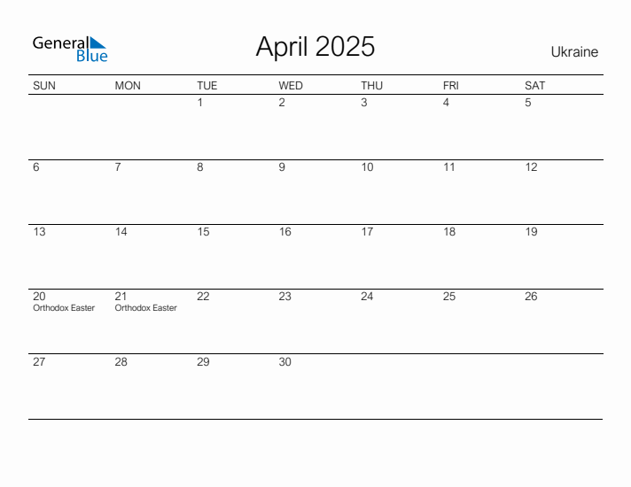 Printable April 2025 Calendar for Ukraine
