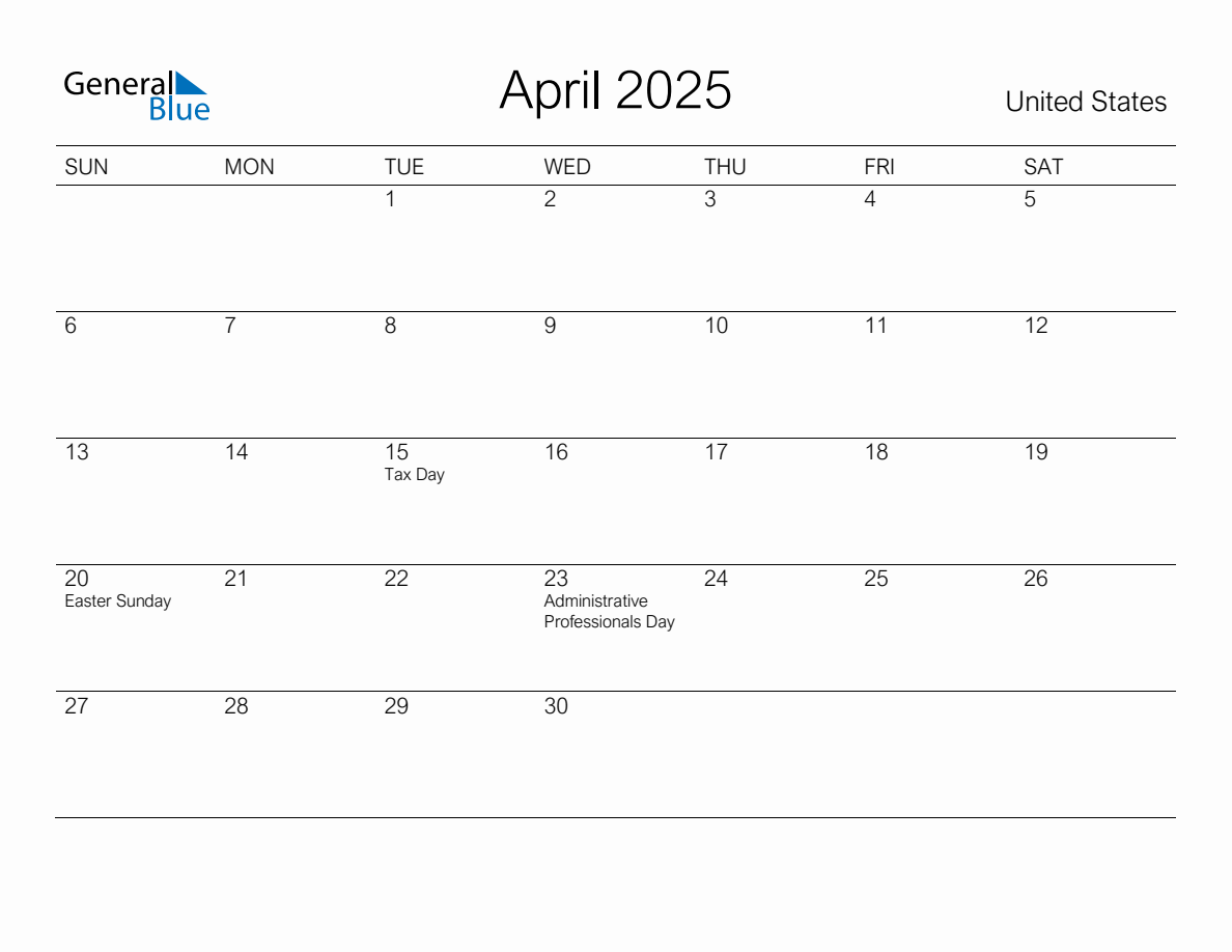 Printable April 2025 Monthly Calendar with Holidays for United States