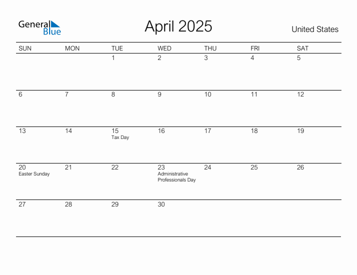 Printable April 2025 Calendar for United States
