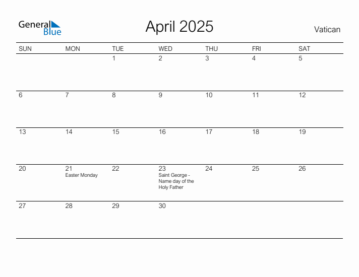 Printable April 2025 Calendar for Vatican