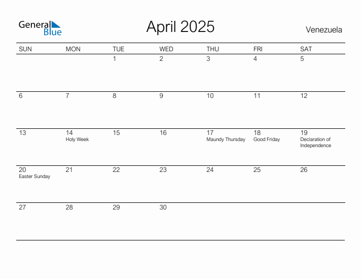 Printable April 2025 Calendar for Venezuela