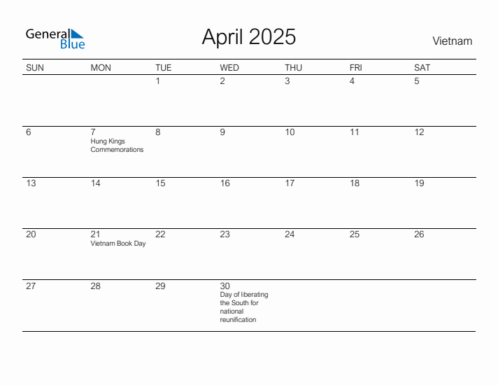 Printable April 2025 Monthly Calendar with Holidays for Vietnam