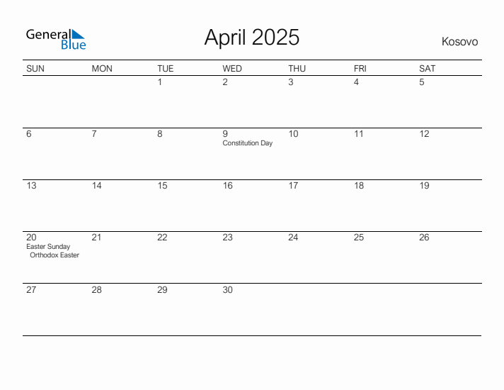 Printable April 2025 Calendar for Kosovo