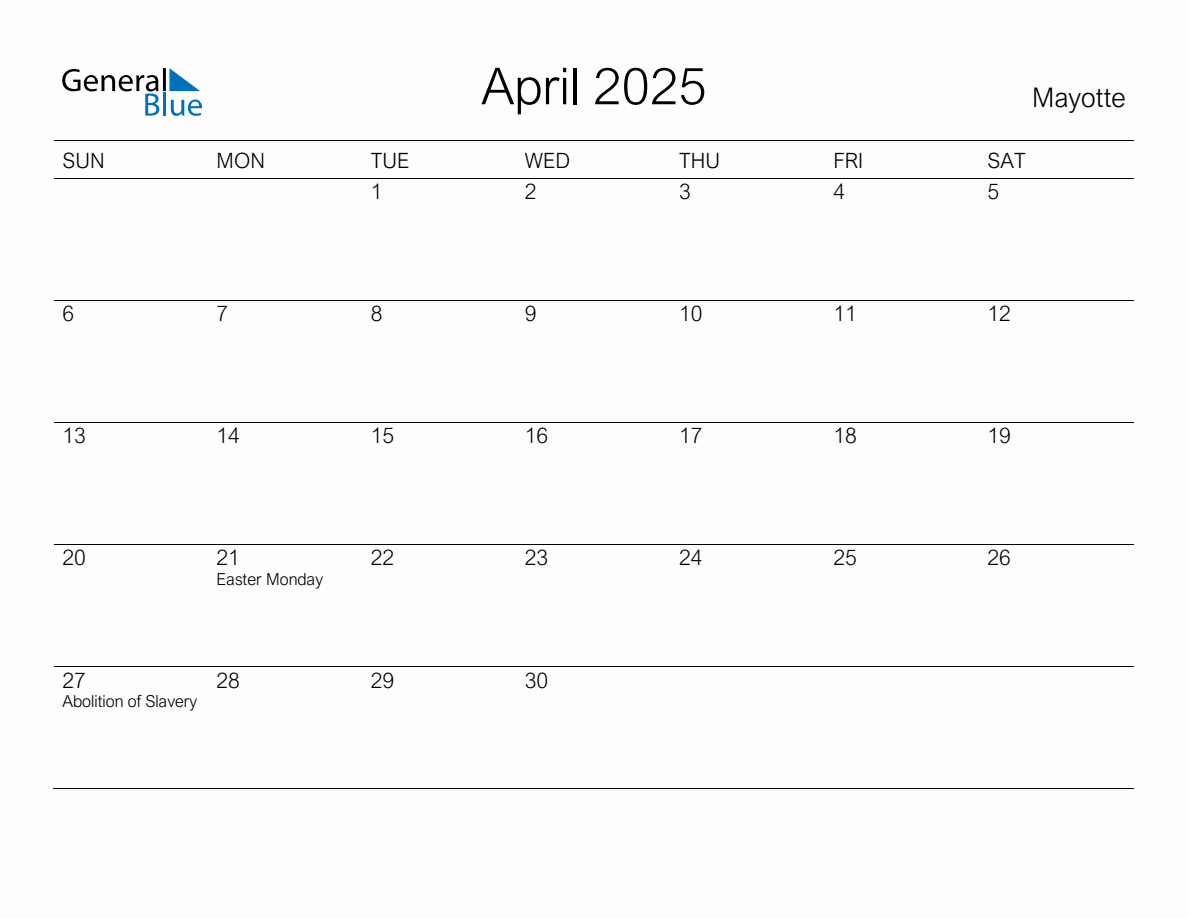 Printable April 2025 Monthly Calendar with Holidays for Mayotte