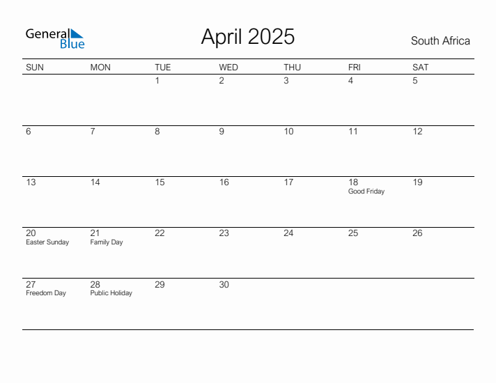 Printable April 2025 Calendar for South Africa
