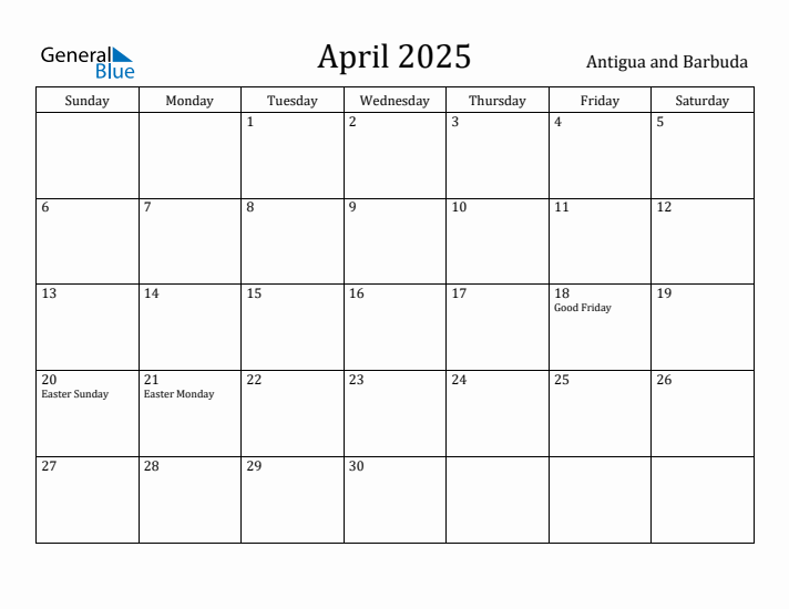 April 2025 Calendar Antigua and Barbuda