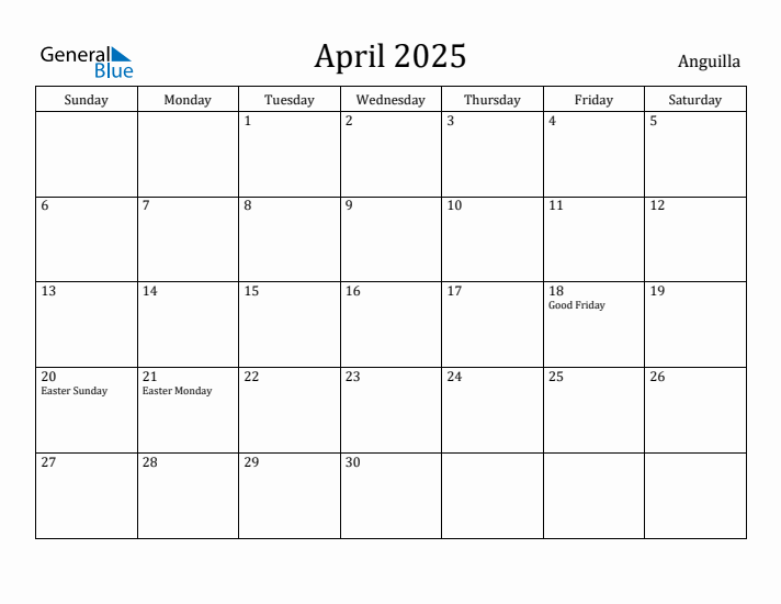 April 2025 Calendar Anguilla