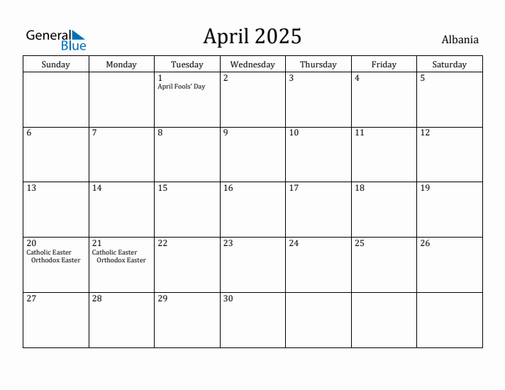 April 2025 Calendar Albania
