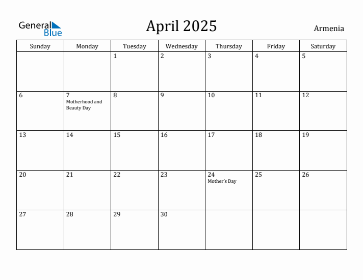 April 2025 Calendar Armenia