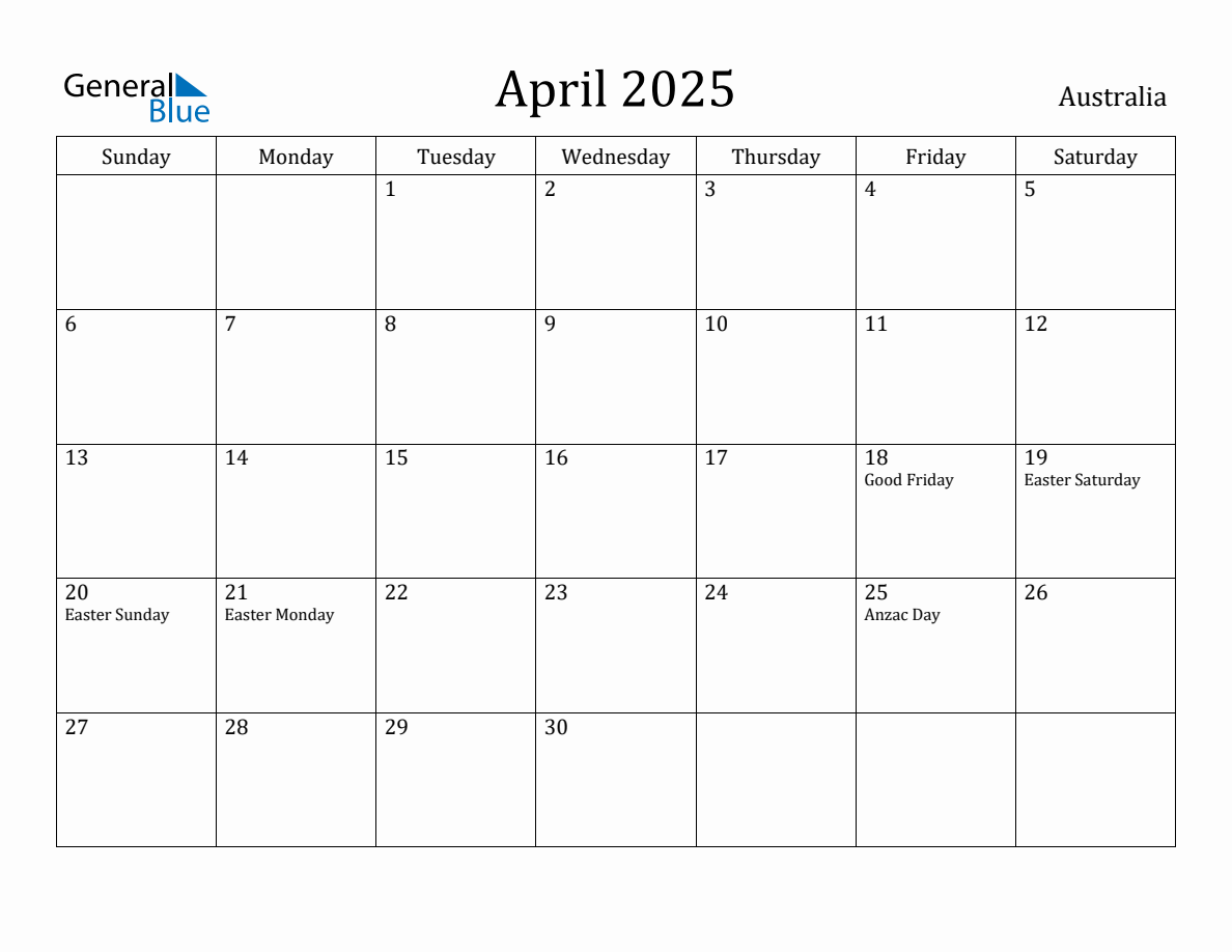 April 2025 Monthly Calendar with Australia Holidays