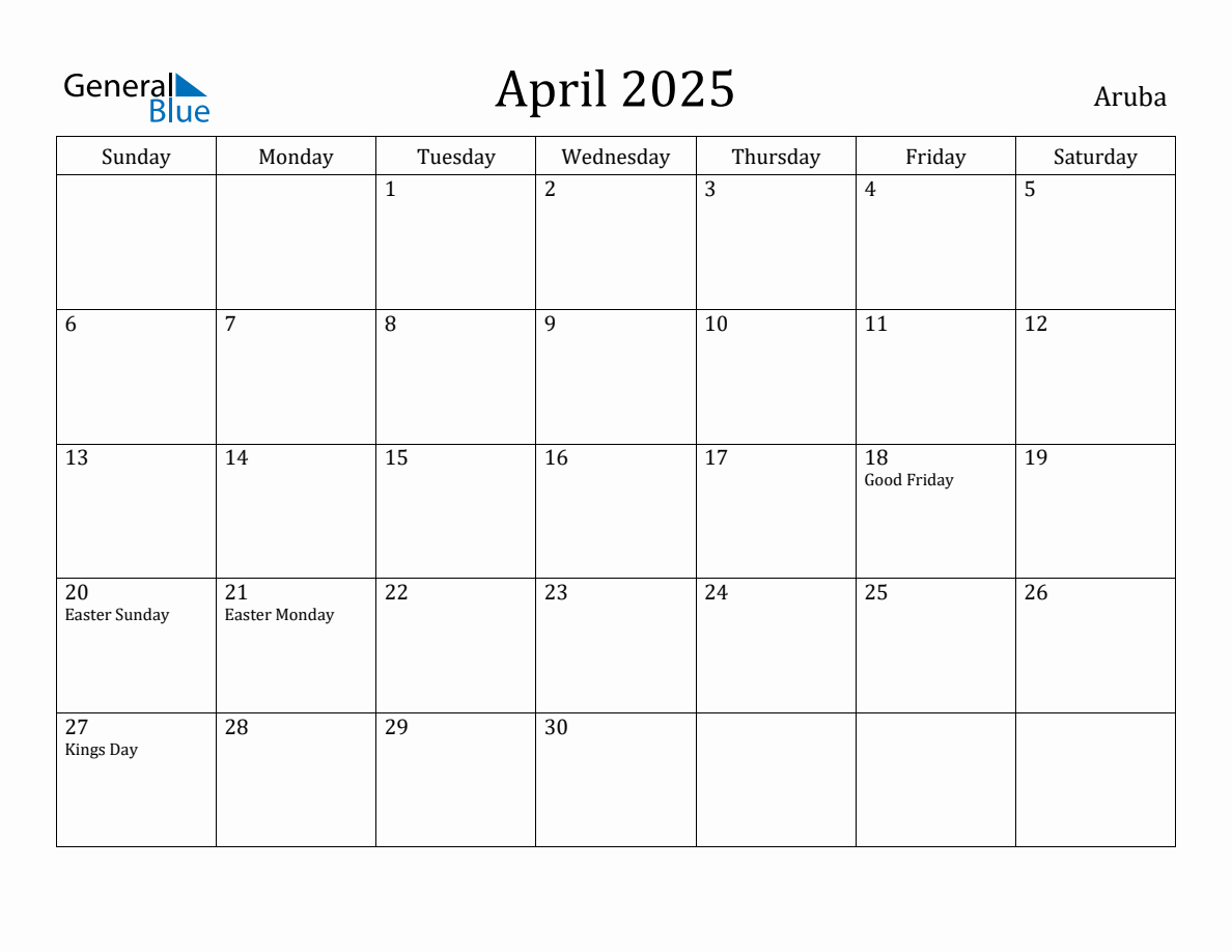 April 2025 Monthly Calendar with Aruba Holidays