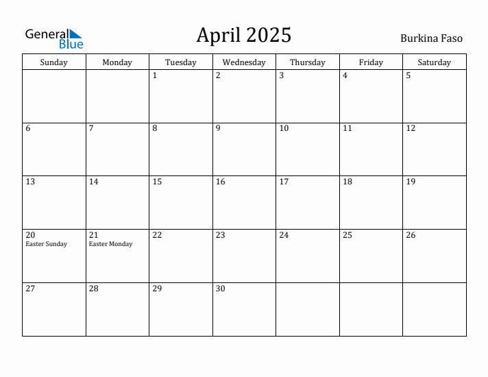 April 2025 Calendar Burkina Faso