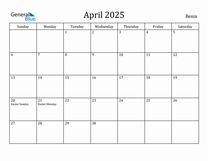 April 2025 Calendar Benin