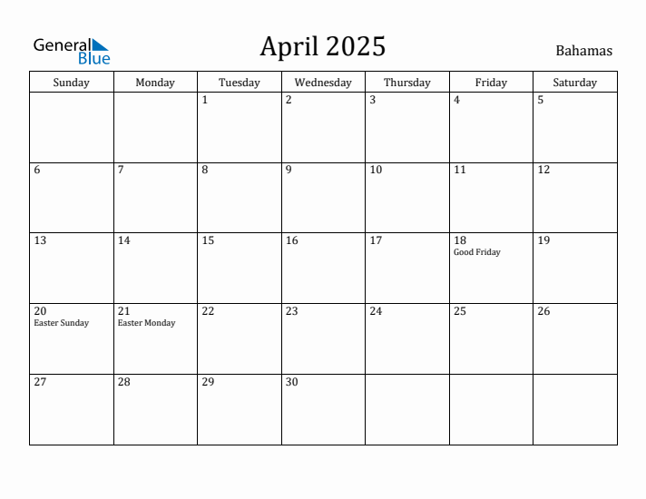 April 2025 Calendar Bahamas