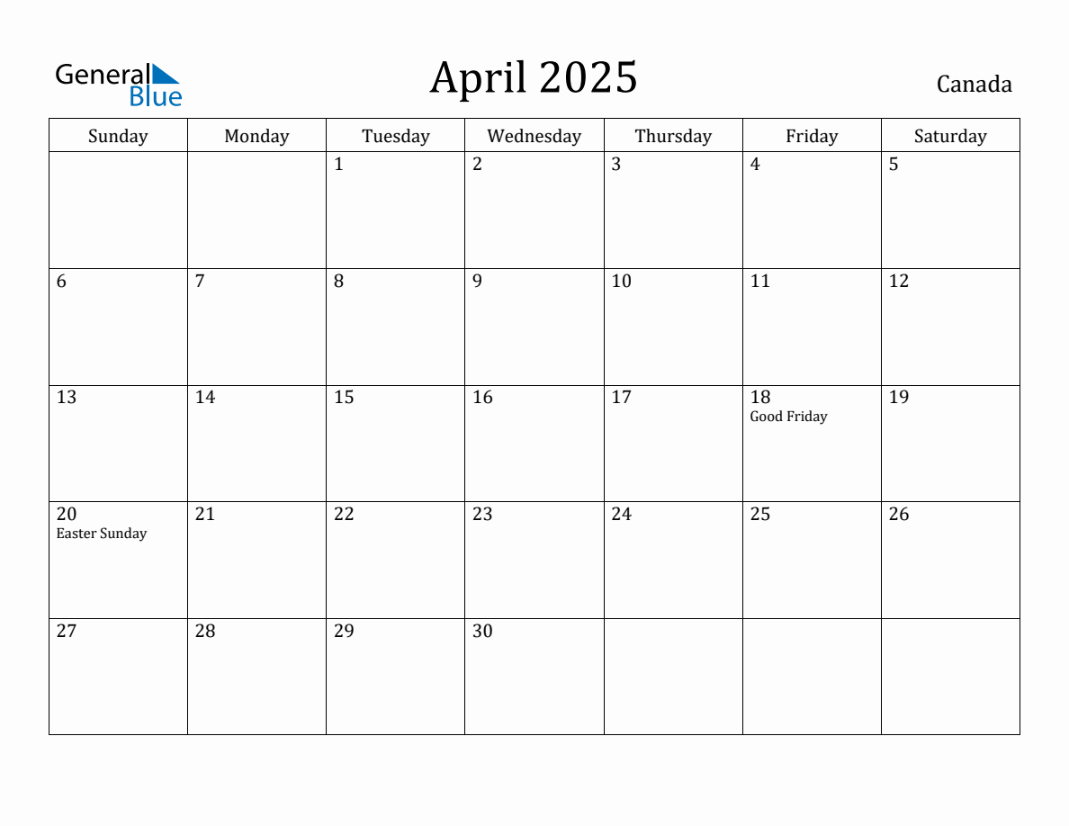 April 2025 Monthly Calendar with Canada Holidays