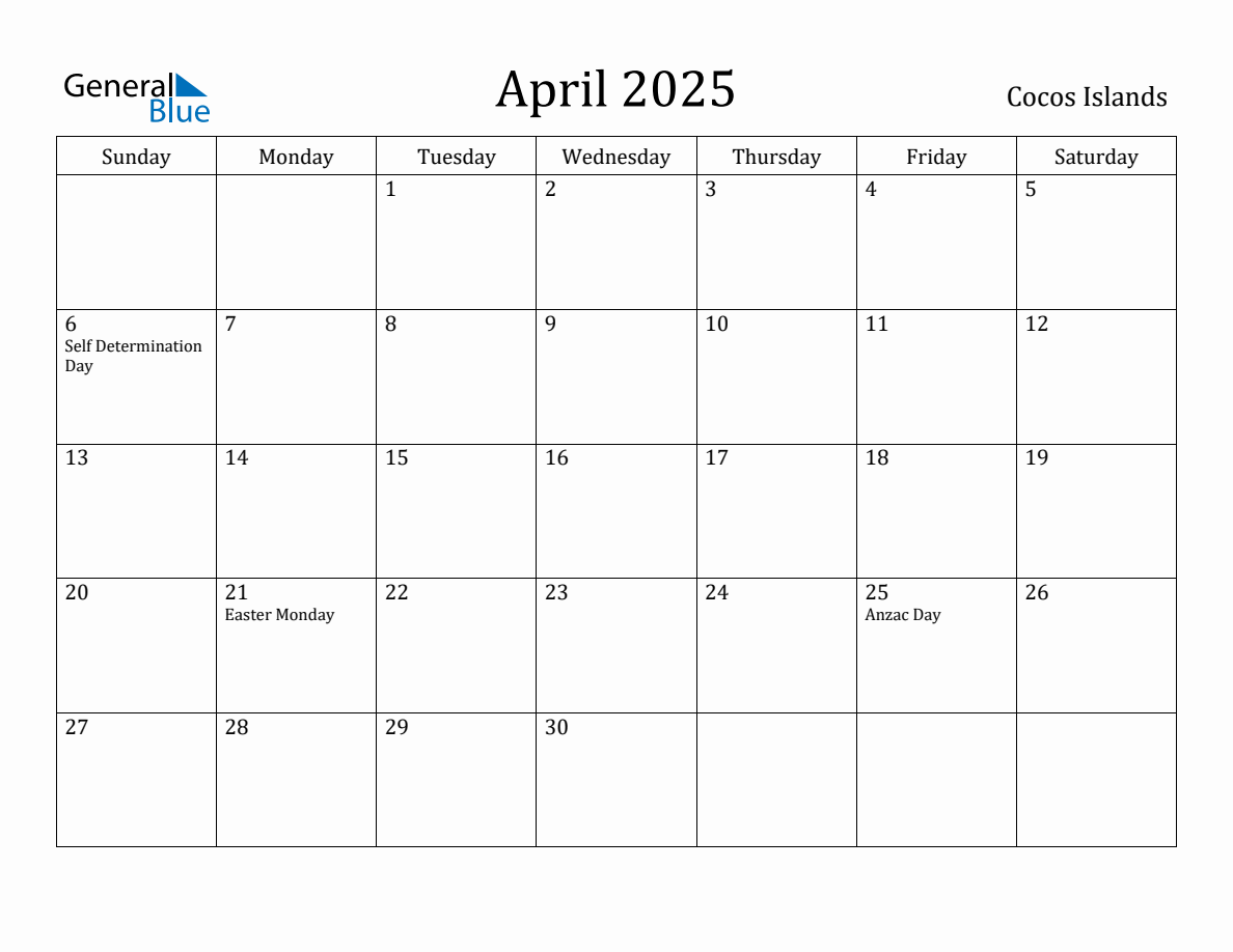 April 2025 Monthly Calendar with Cocos Islands Holidays