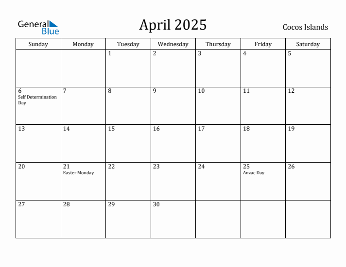 April 2025 Calendar Cocos Islands