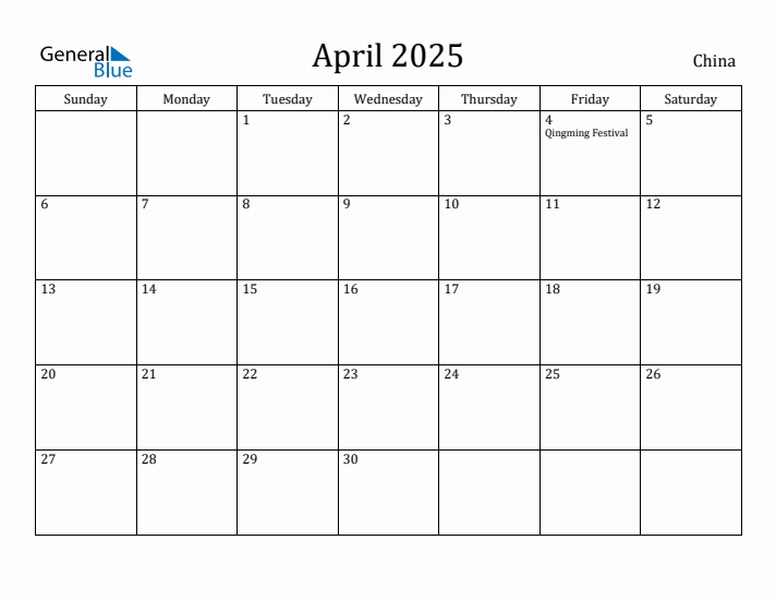 April 2025 Monthly Calendar with China Holidays