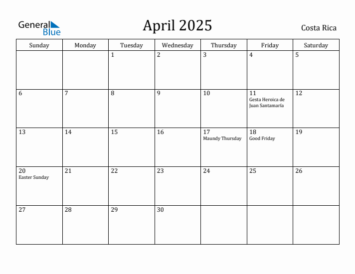 April 2025 Calendar Costa Rica