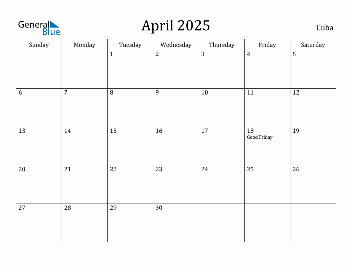 April 2025 Monthly Calendar with Cuba Holidays