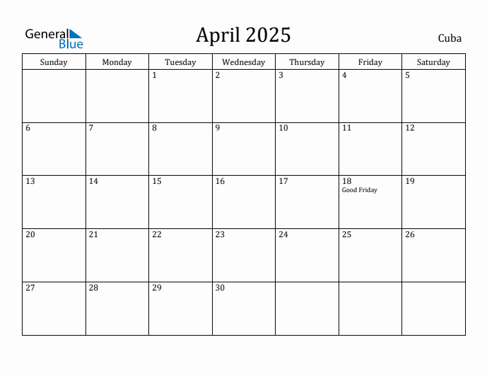 April 2025 Calendar Cuba
