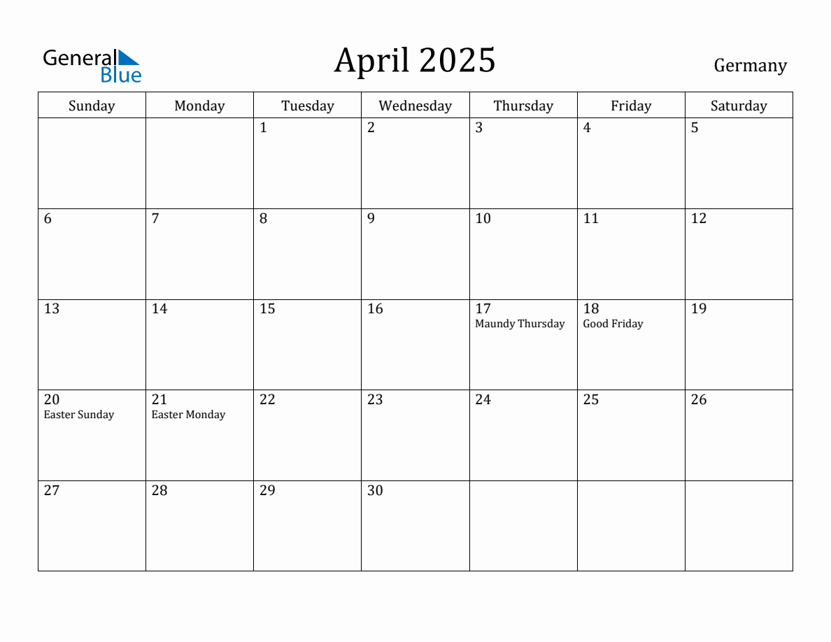 April 2025 Monthly Calendar with Germany Holidays