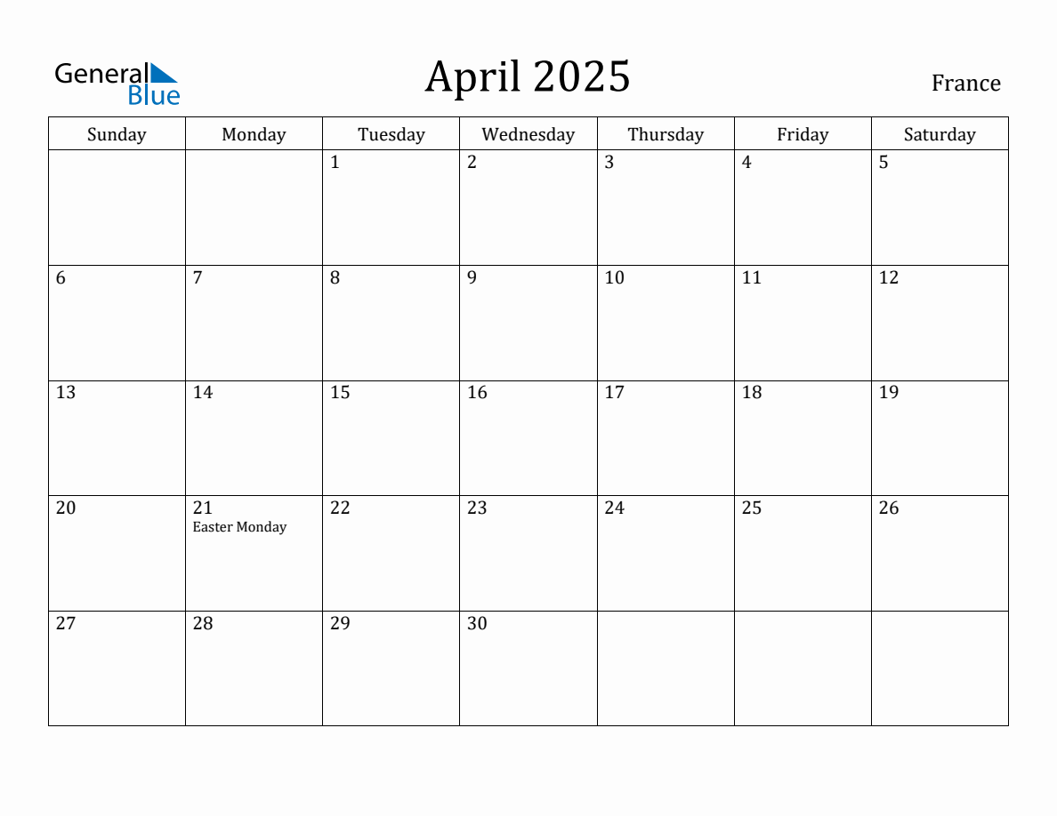 April 2025 Monthly Calendar with France Holidays