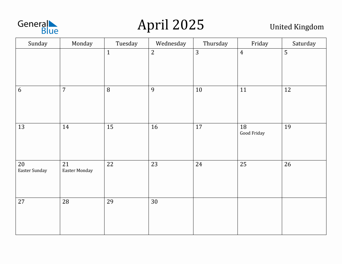 April 2025 Monthly Calendar with United Kingdom Holidays