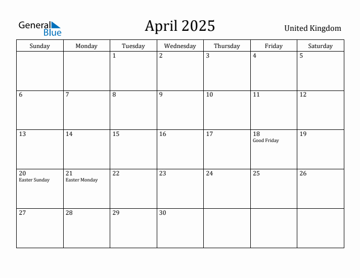 April 2025 Calendar United Kingdom