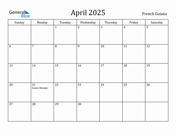 April 2025 Calendar French Guiana