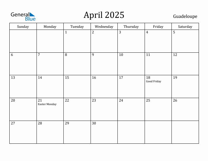 April 2025 Calendar Guadeloupe