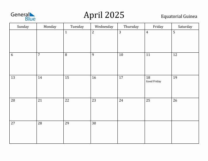 April 2025 Calendar Equatorial Guinea